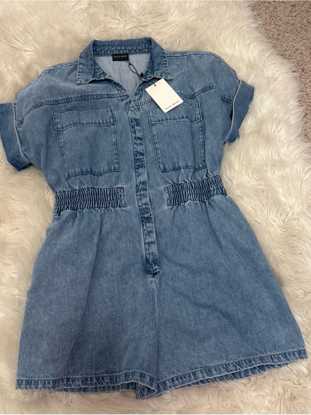 New with tags Miou Muse Light Blue Denim Romper with Elastic Waist